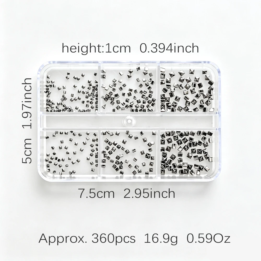 360 Stück Silberlegierung Quadratische Nieten Y2K Nagelcharms Gun Black Golden Punk Spike Studs Nagelteile Quadratische Kegelnieten 3D Deko – Detail 1