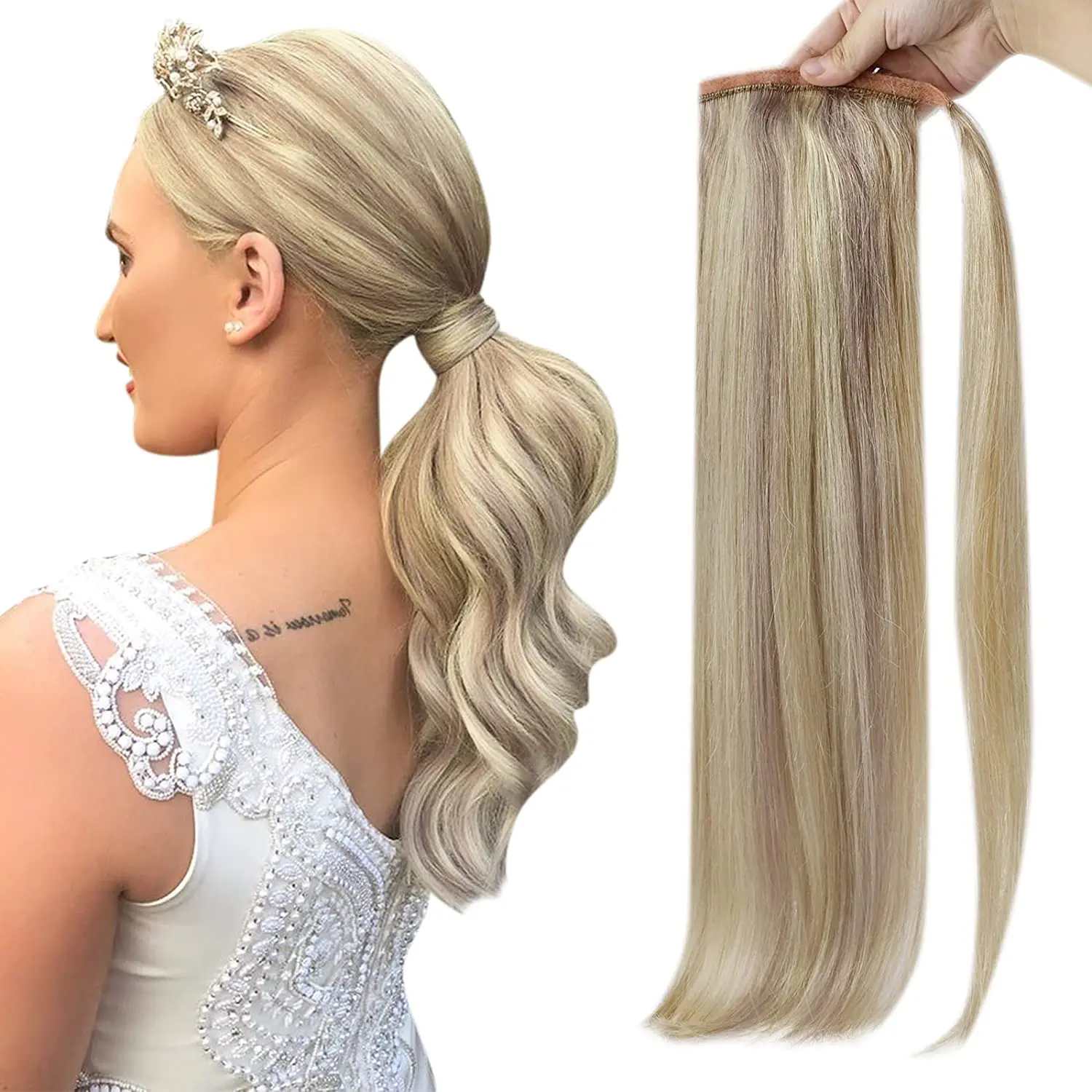 Full Shine Ponytail Extension Highlighted Bleach Blonde Ponytail Human Hair Clip in Ponytail Hair Extensions