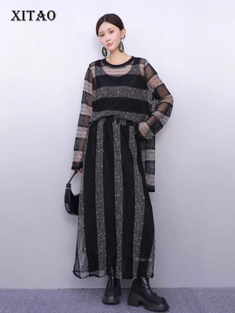 

XITAO полосатый вязаный модный женский комплект, повседневный ажурный контрастный цвет, нерегулярный топ с длинными рукавами, эластичная юбка GJ1234