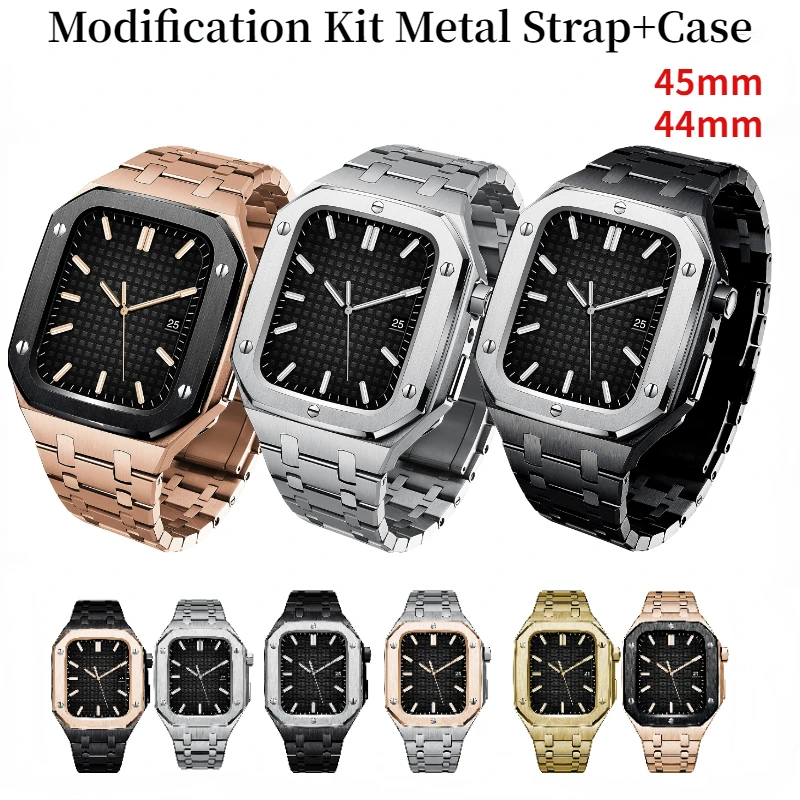 

Modification Kit Metal Strap+Case For Apple Watch Band 45mm 44mm Retrofit Bracelet Wristband Belt For iWatch Series 8 7 6 5 4 SE