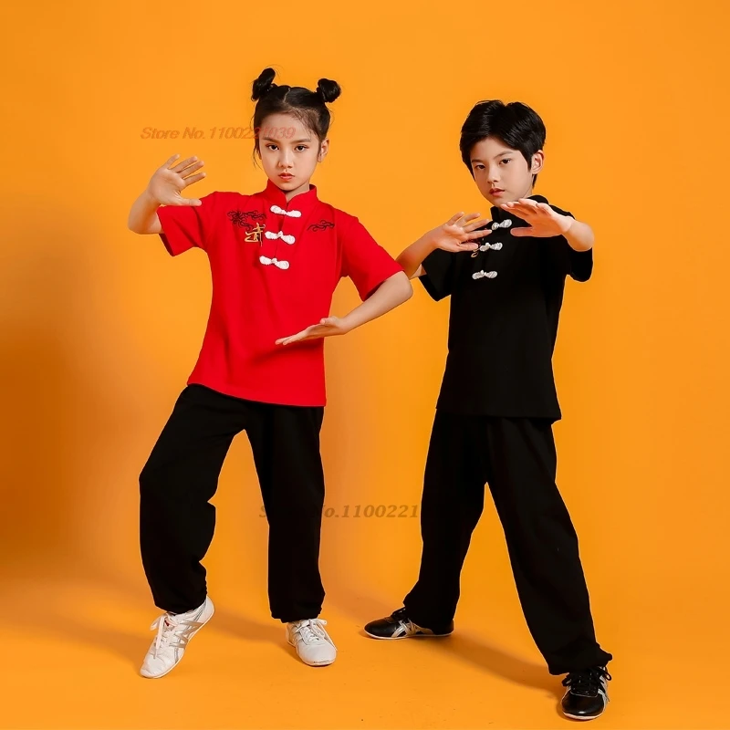 

2024 chinese vintage children wushu tai chi set wushu kung fu training clothing martial arts oriental wushu tops+pants set