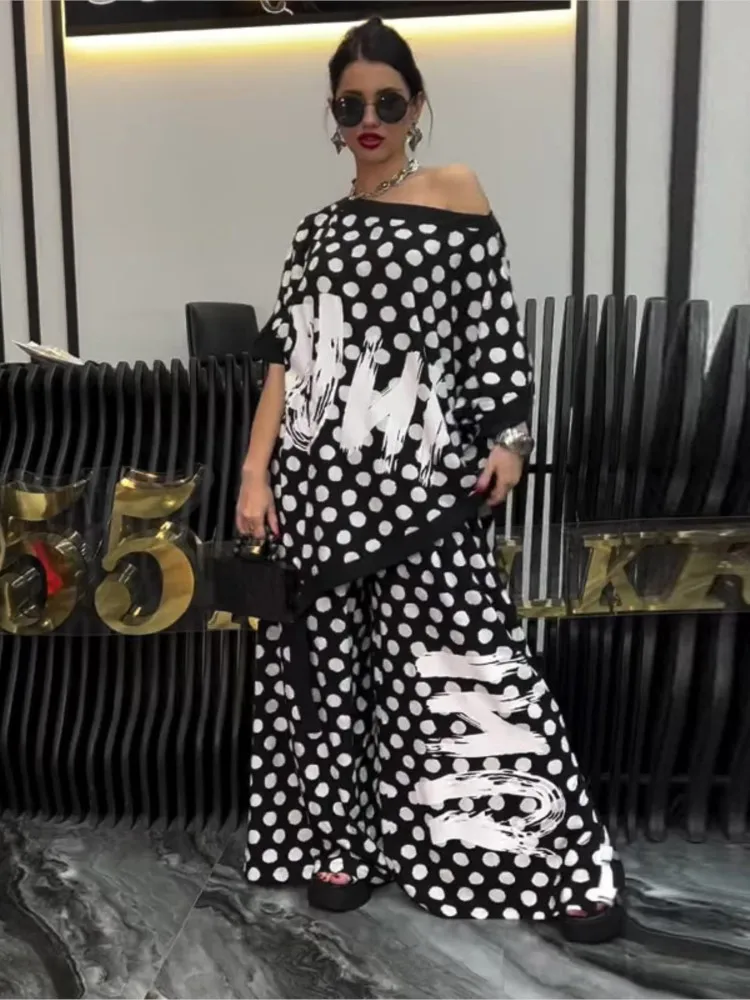 

Женская мода, сексуальный свободный комплект из двух предметов с открытыми плечами и принтом в горошек, осенний повседневный топ нестандартной формы + широкие брюки, комплект из 2 предметов