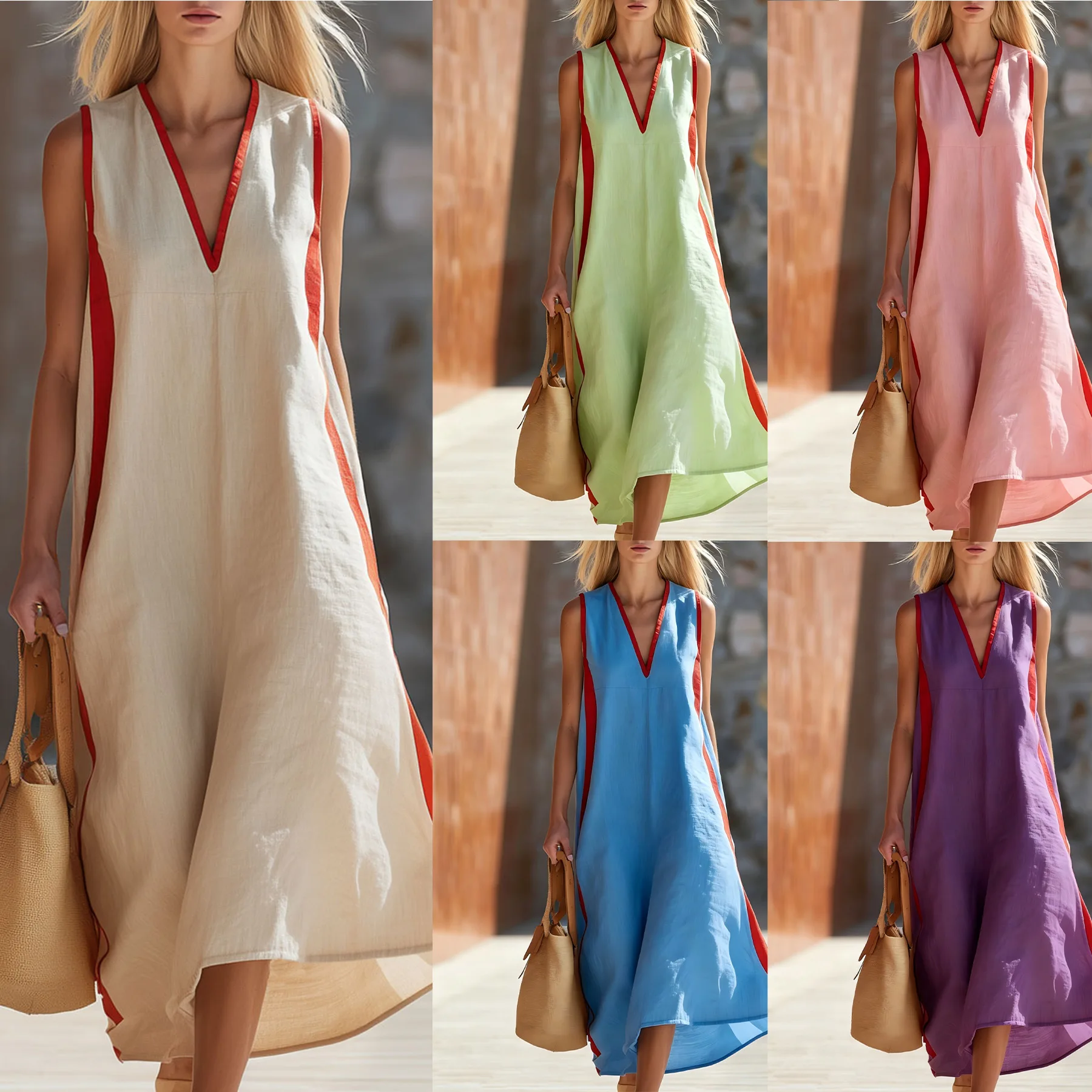 

Casual Retro V Neck Red Silk Cotton Linen Dress for Women Perfect fSummer European American Styles Nightdress Elegant outerwear