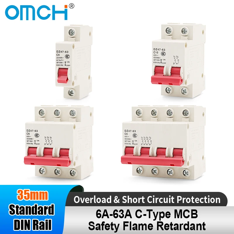 OMCH Mini Circuit Breaker DZ47 1-4P 6-63A 35mm DIN Rail MCB Overload & Short Circuit Protection for Electrical Panel Board Box
