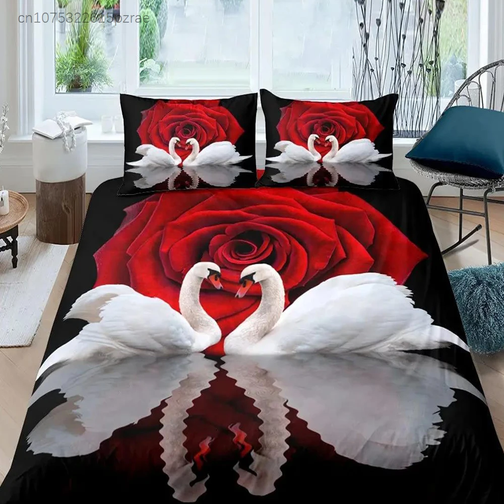 Swan Duvet Cover Black And White Swan Duvet Cover Queen Bird Comforter Cover Microfiber Romantic Flower Wild Animals Quilt Cover
