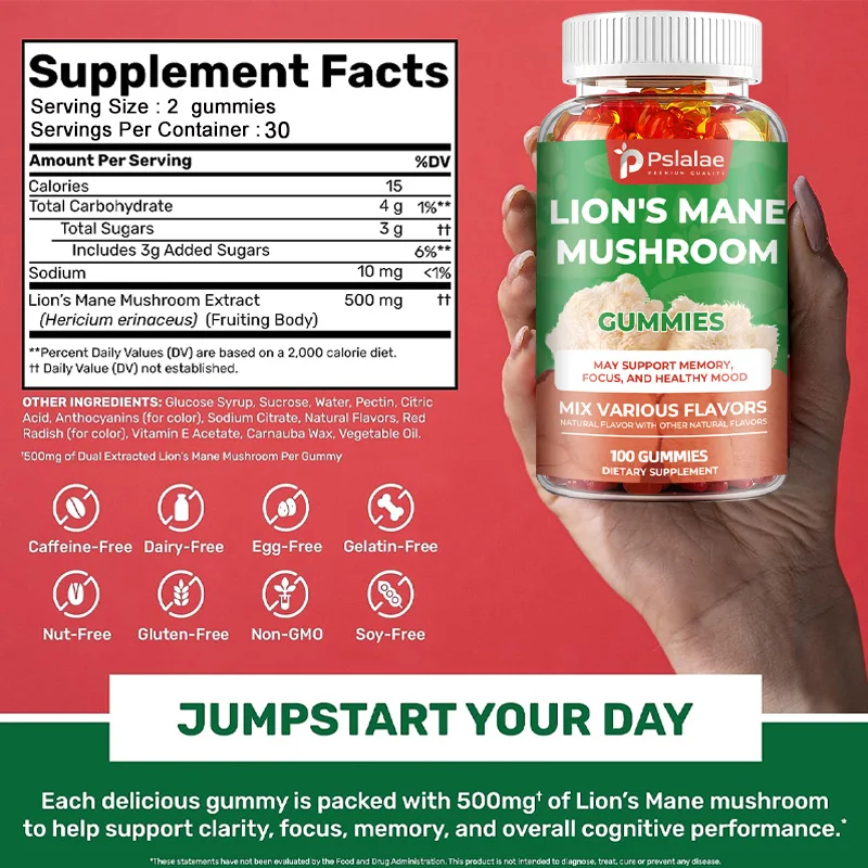 Lion's Mane Mushroom Gummies - Nootropic Brain Booster for Focus Immune & Stress Relief Improve Memory