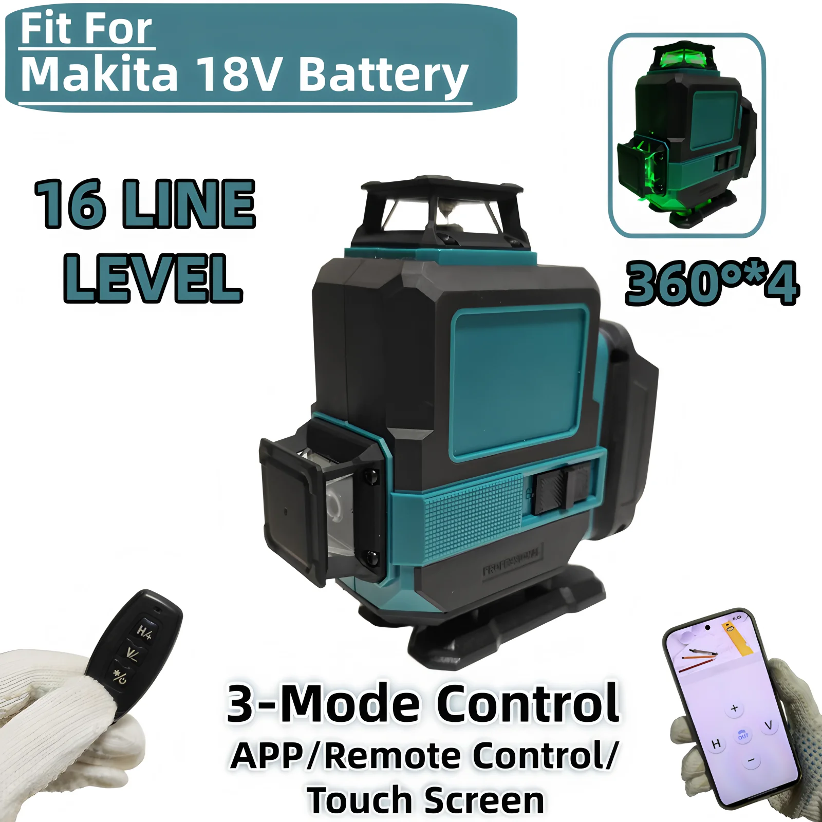 16 Lines Laser Level 4 Sides*360 Degree Horizontal & Vertical Green Beams Meter Self-Leveling Laser Tools For Makita 18V Battery