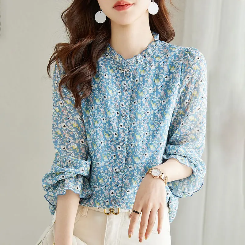 Women Ruffle Floral Print Sweet Elegant Shirts Trendy Stand Collar Long Sleeve Loose Blouses Bow Decoration Chic Tops Ropa Mujer