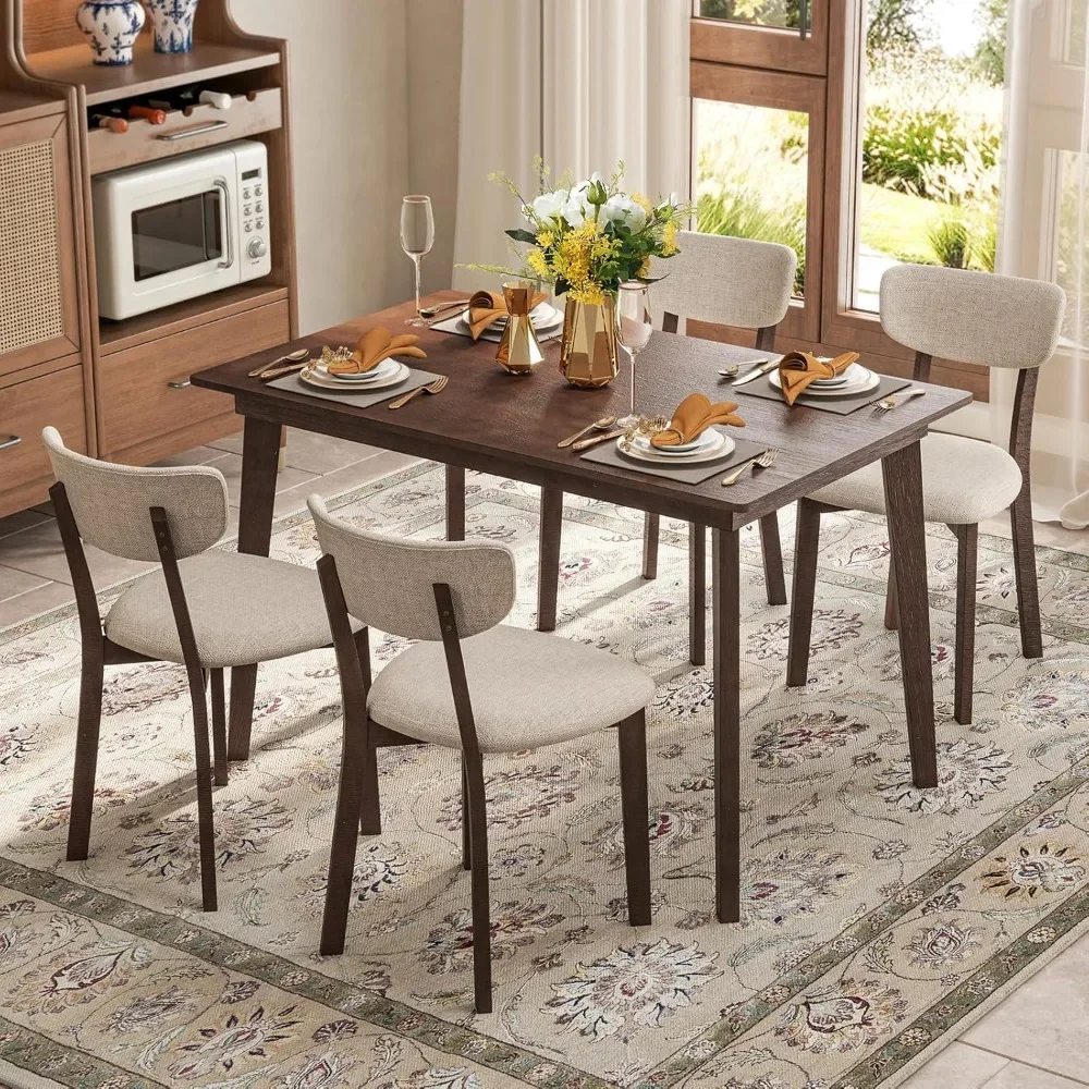 Dining Table Set for 4, Dinette Set with Table and 4 Padded Seat, Rubber Wood Legs, Curved Backrest