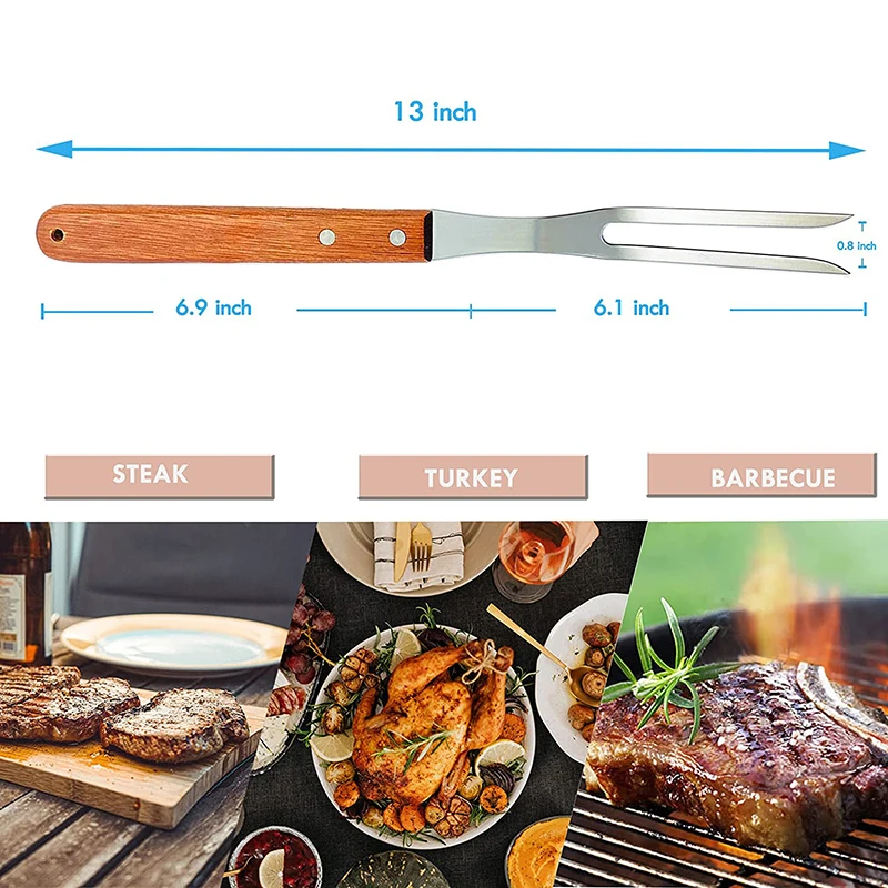 2Pcs Stainless Steel Meat Carving Fork, 13 Inch Cooking Forks with Wooden Handle - BBQ Accessories