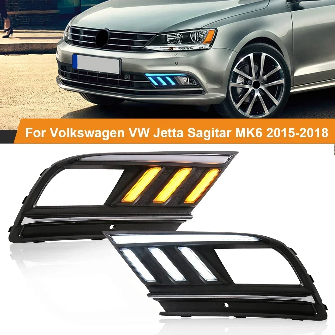 

3 Colors LED Flog Lamp For Volkswagen Jetta Sagitar MK6 2015 2016 2017 2018 DRL Daytime Running Light Dynamic Turn Signal 12V