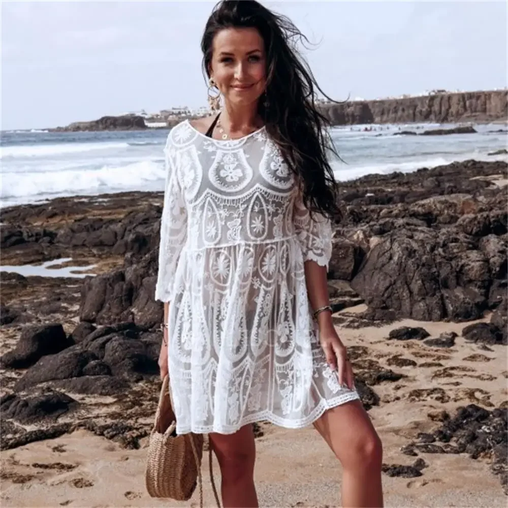 

White Lace Tunic Beach Dress Women Sexy Open Back Crochet Sheer Robe Plage Summer Beachwear Bikini Swimsuit Cover Up