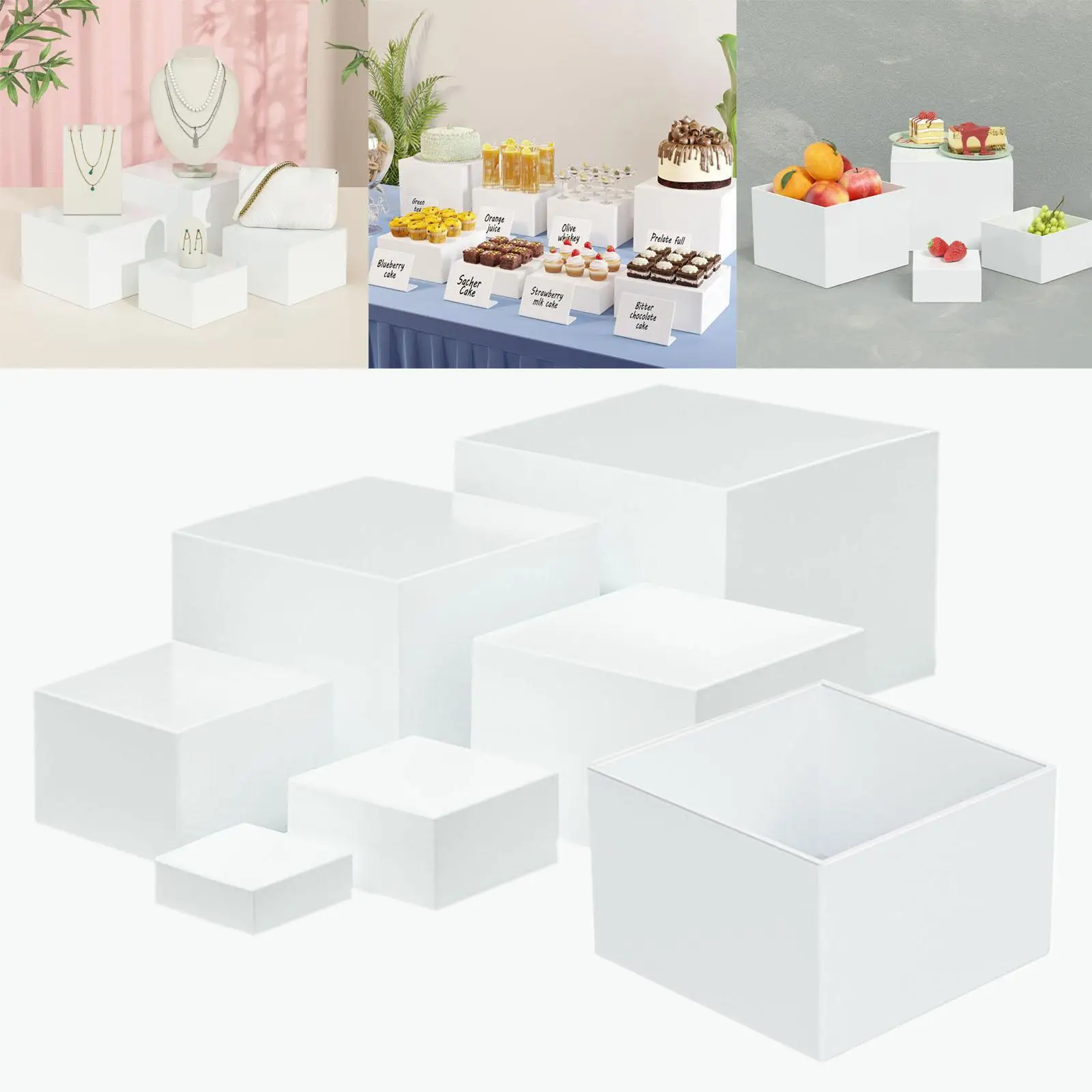 7 Pieces Acrylic Display Riser Box Buffet Riser with Hollow bottoms Food Riser Nesting Riser Stands for Food Jewelry Cake