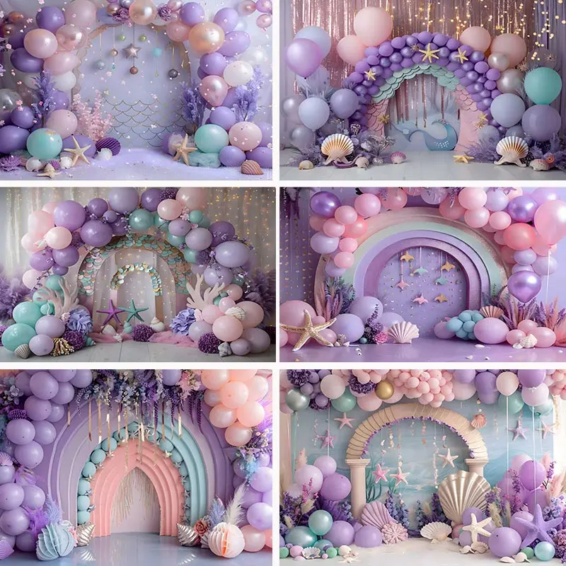 

Princess Mermaid Under The Sea Backdrops Children Kids Girl Photography Cake Smash Balloons Shells Background Photo Shoot Studio