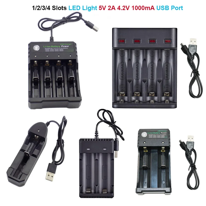 1/2/3/4 Slots LED Light 5V 2A 4.2V 1000mA USB 10440 14500 16340 16650 14650 18350 18650 18500 Rechargeable Battery Charger A7