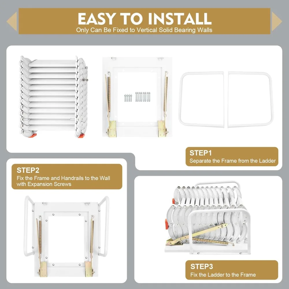 Scala per soffitta pieghevole a parete a 12 gradini con corrimano per un facile accesso e riporre salvaspazio