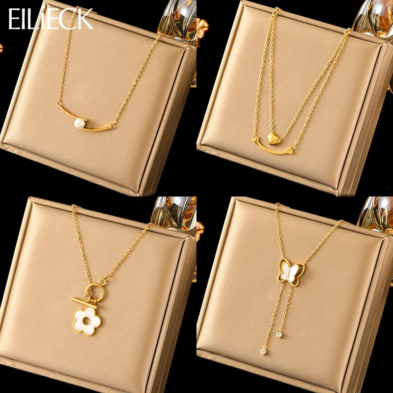 EILIECK 316L Stainless Steel Butterfly Flower Pearl Pendant Necklace For Women New Fashion Neck Chain Jewelry Birthday Gift