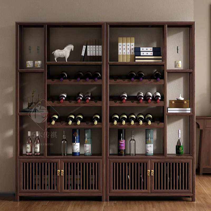 ตู้เก็บไวน์จีนแบบใหม่ ทำจากไม้เนื้อแข็ง พร้อมไฟส่องสว่าง ตู้โชว์แบบมีฉากกั้น