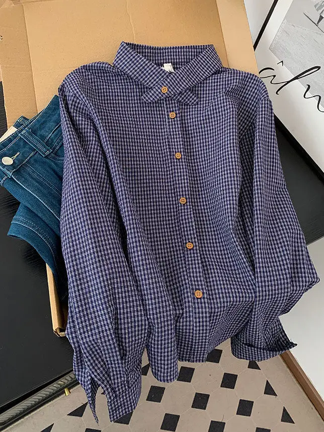 

Модная корейская клетчатая рубашка с воротником-стойкой и длинными рукавами, женская базовая одежда, ткань из смесового хлопка с высокой талией