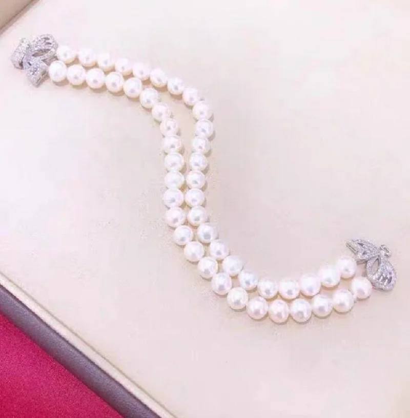 double strands 7.5-8" Stunning AAA++ 9-10mm Real Natural South Sea White Pearl Bracelet  Charm Bracelet