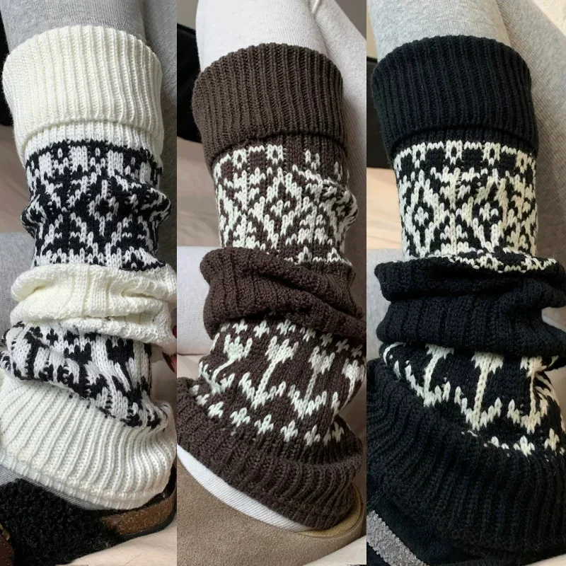 Vintage Knitted Leg Warmers Women Girls  American Retro Wool Socks Women Long Autumn Winter Foot Cover Lolita Crochet Boot Cuffs