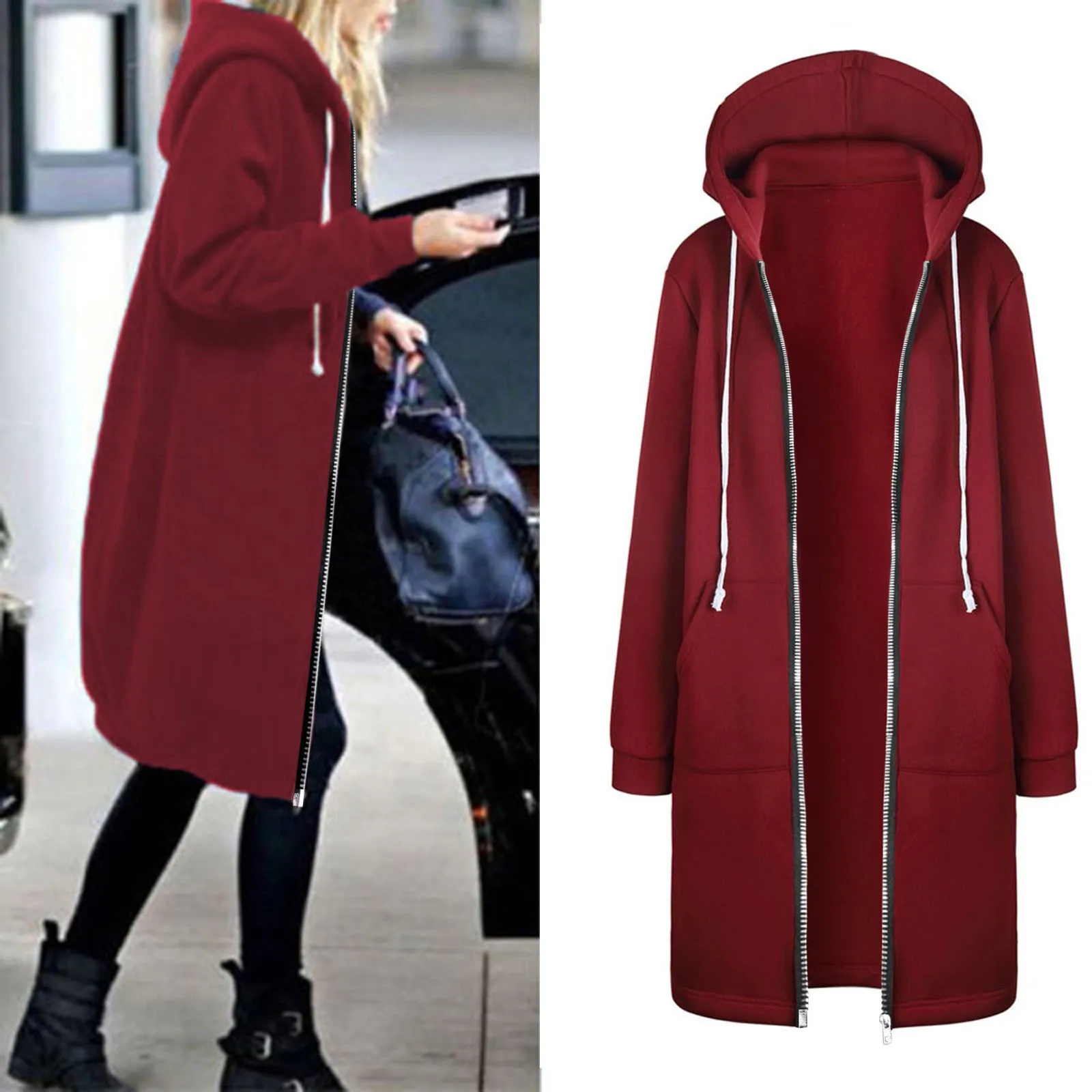 Women\'s Sweatshit Solid Color Side Pockets Jacket Hoodie Long Sleeve Zipper Closure Drawstring Hooded Sweatshirt Ladies Clothing