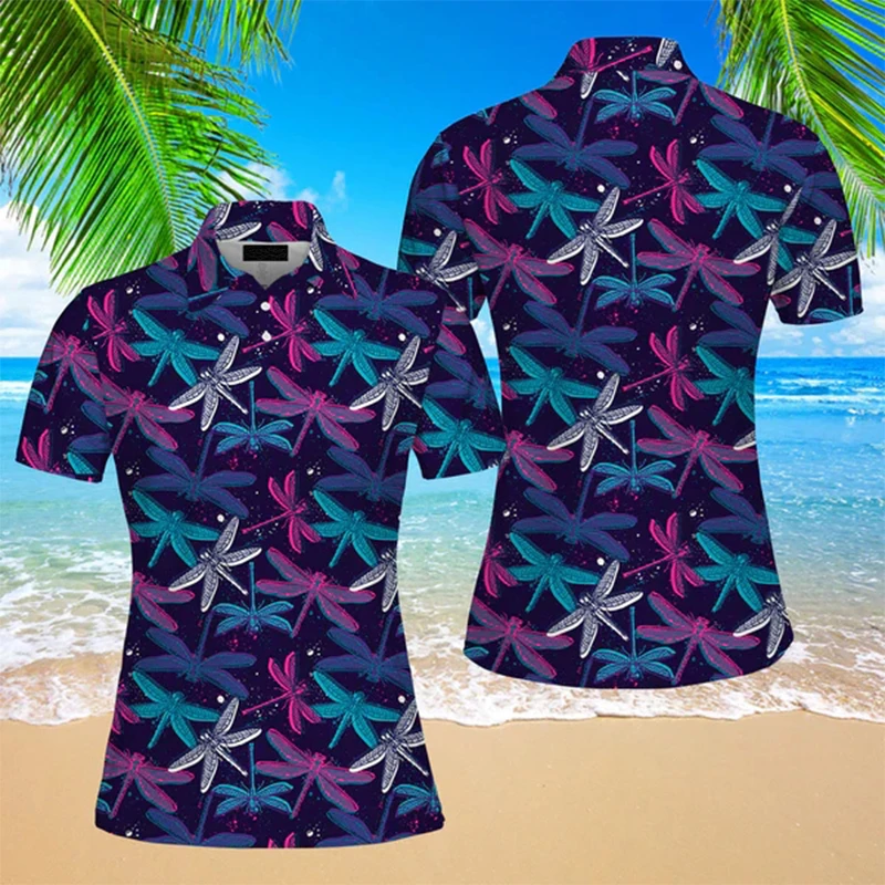 New Men's Polo Shirts Hawaii Tropical Style Dragonfly Print Short Sleeve Aloha Shirts 2024 Summer Holiday Casual Tops Blouse 4XL