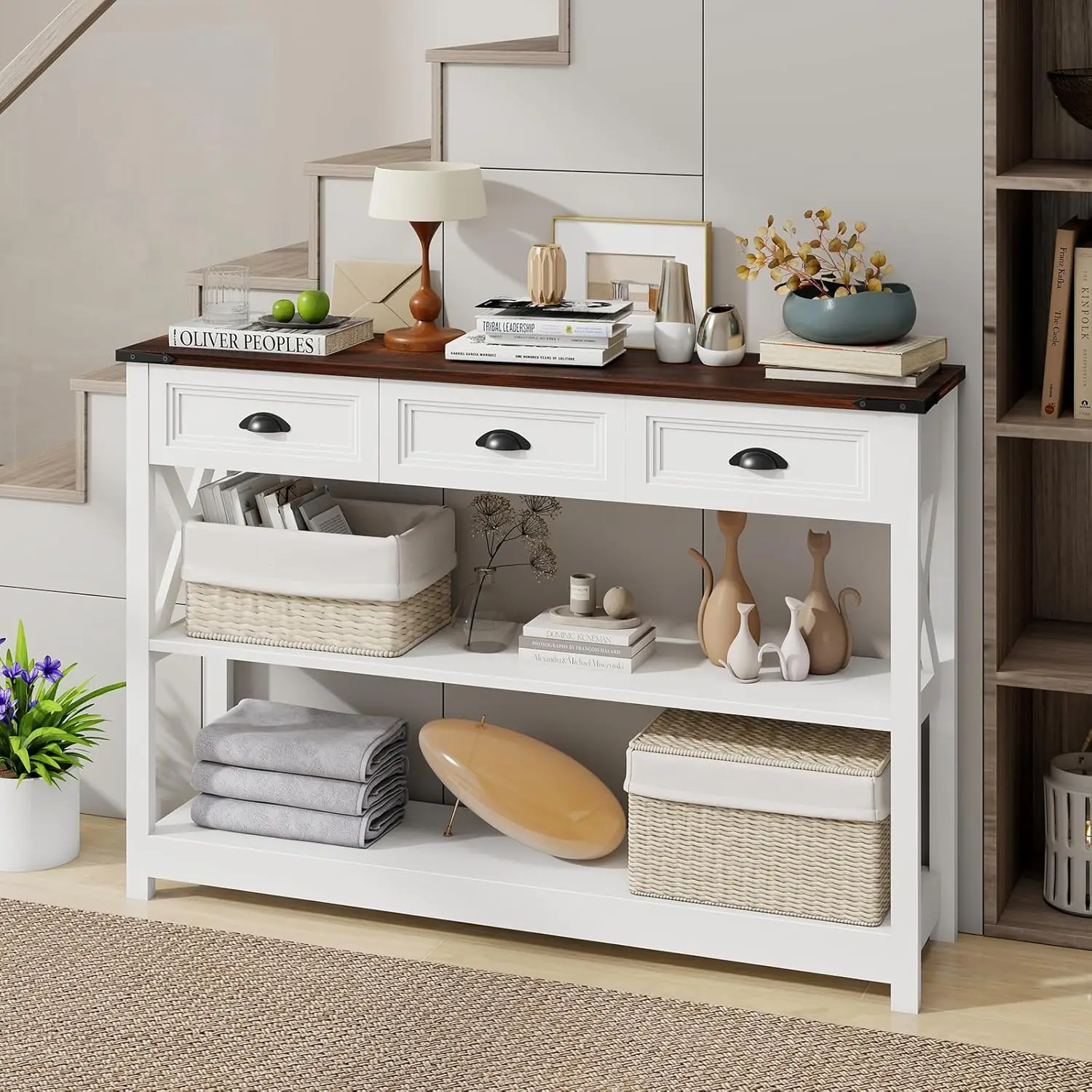 

Vabches Console Table with 3 Drawers Narrow Wood Entryway Table with 2-tier Storage Shelves Sofa Table for Entryway Living Room