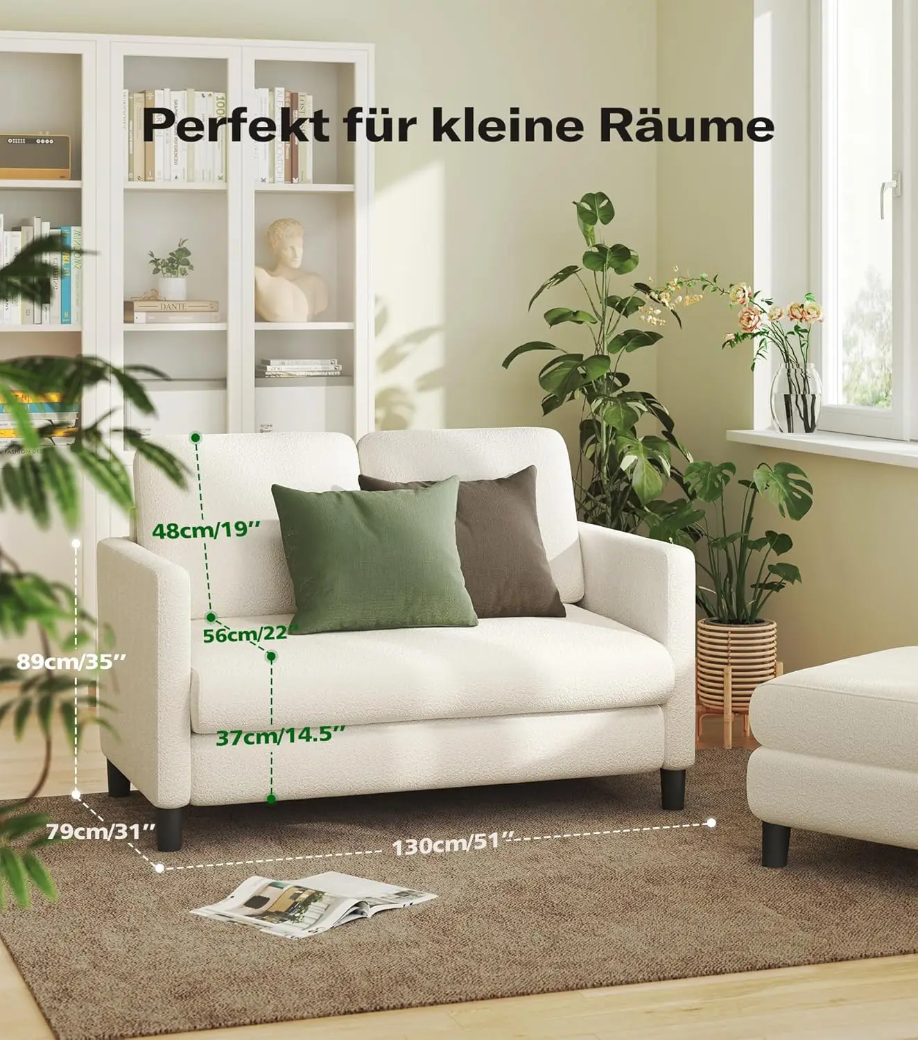 Sofa, 51-Zoll-Kleinsofa für Schlafzimmer, bequemer Teddy-Love-Sitz, werkzeuglose Sofas für Wohnzimmer, ganz aus Holz, kleine Co