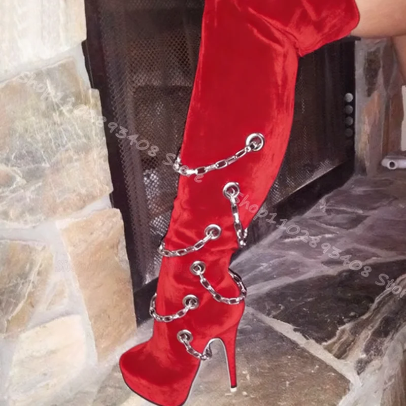 

Red Flock Chain Decor Knee Boots Round Toe Platform Stiletto Autumn Party Dress Women Over Knee Boots 2024 Zapatos Para Mujere