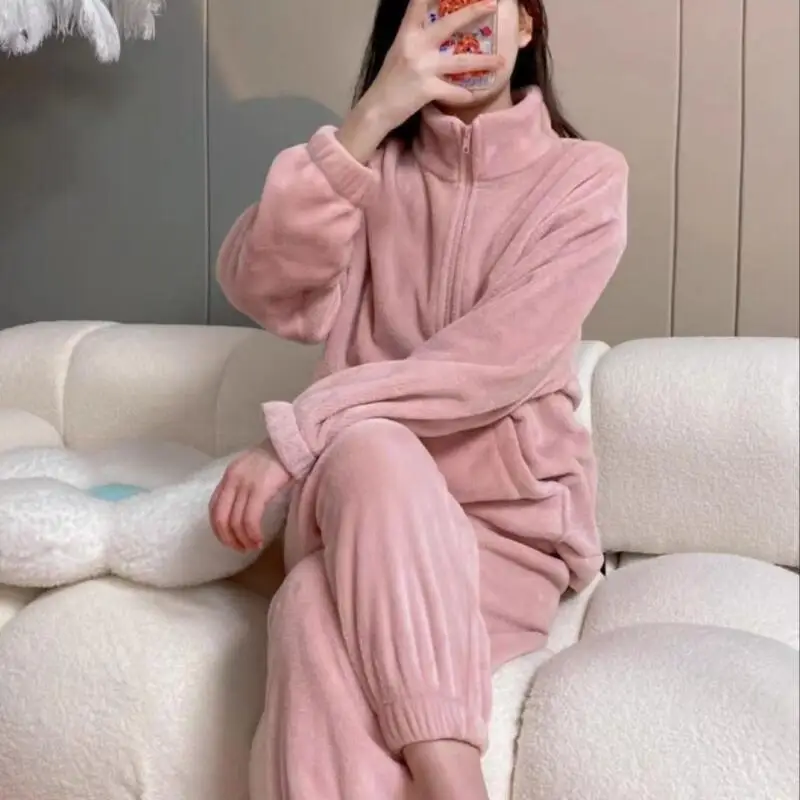 

Women's Homewear Sleepwear Loungewear Pajama Set Girl's Two-Piece Fleece-Lined Coral Fleece Thickened Nightgown Autumn Winter