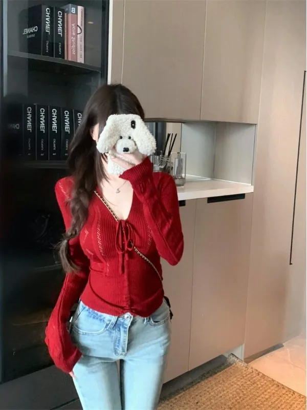 Trendy Women's Knitted Hollow out Long Sleeve V-Neck  Knot Drawstring Top Early Autumn Pure Desire Fashion Korean Style