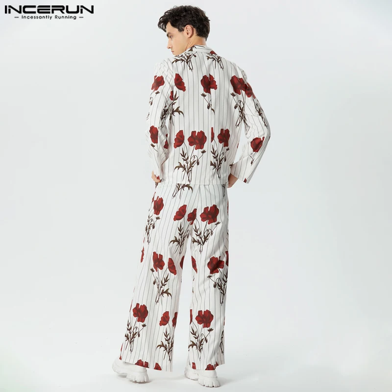 INCERUN-Blazer e calças de manga comprida com lapela estampada com flores, ternos casuais masculinos, conjuntos soltos de streetwear, moda, S-5XL, 2pcs, 2023