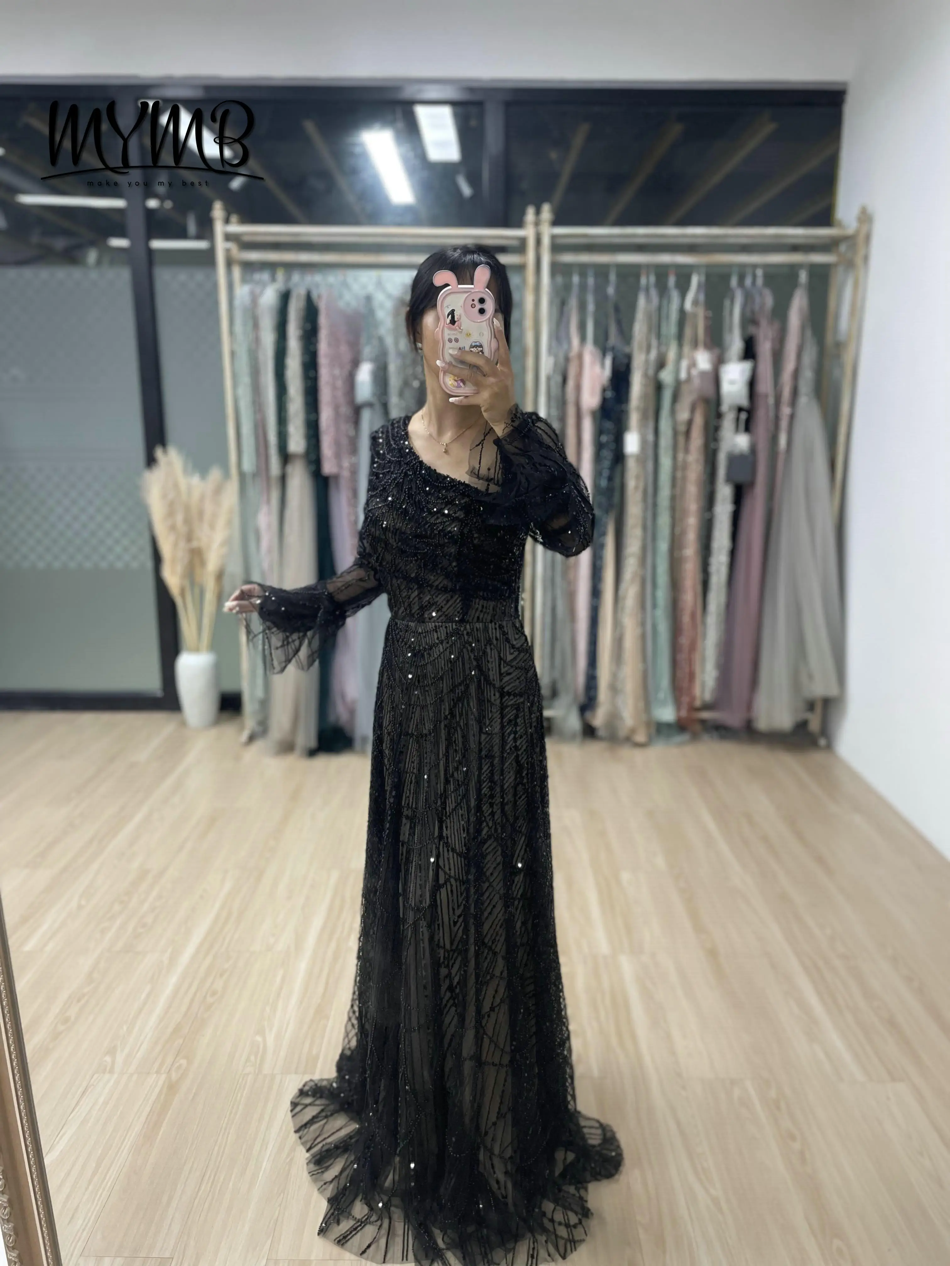 

MYMB New Design Black A-Line Pearls Beaded Sequined Evening Gowns With Belt Muslim Long Sleeve Dresses for Elegant Women MY30089