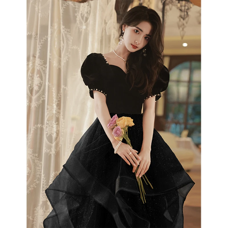 

Elegant Black Prinecess A-Line Evening Dresses French Fairy Square Neck Floor-Length Woman Formal Party Prom Gown Robe De Soiree