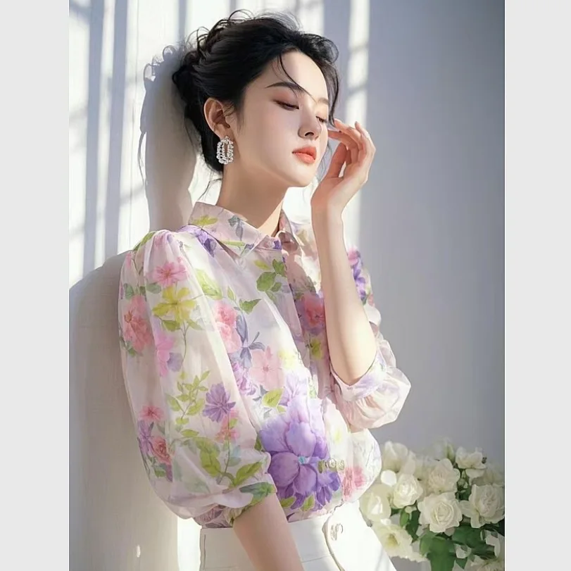

Elegant French-style beautiful purple floral chiffon blouse for women, 2025 blouse