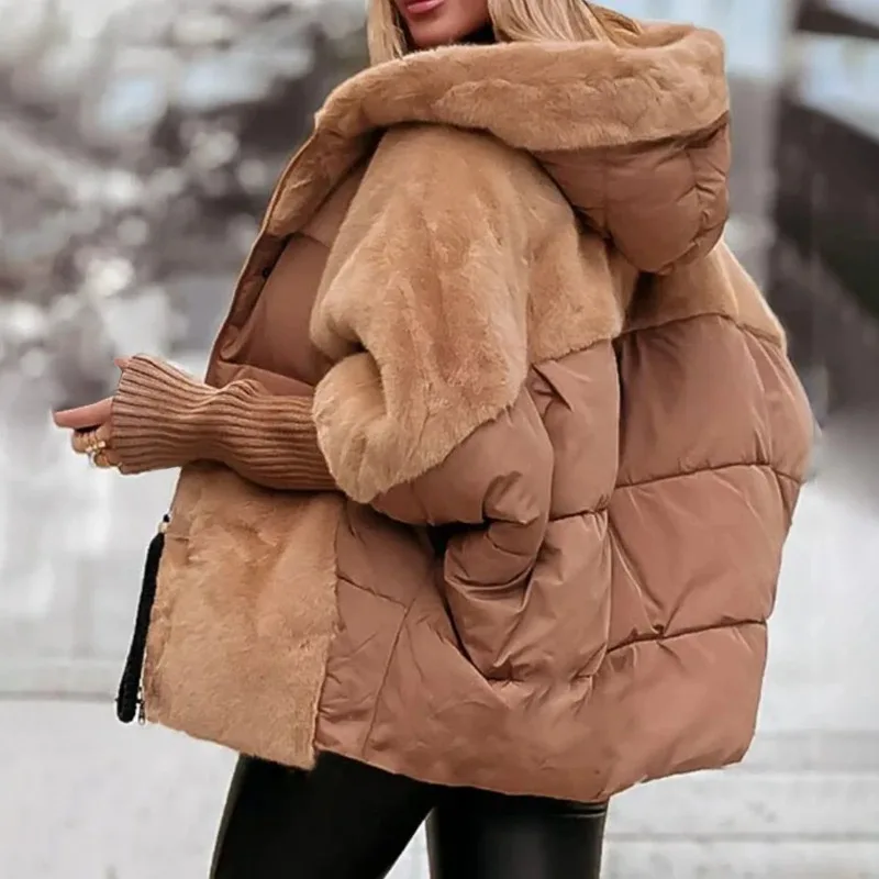 Manteau en coton pour femmes, Parka à manches côtelées élastiques, fausse fourrure épissée, confort d'hiver Chic, veste à capuche, manteau ample avec fermeture éclair, 1 pièce