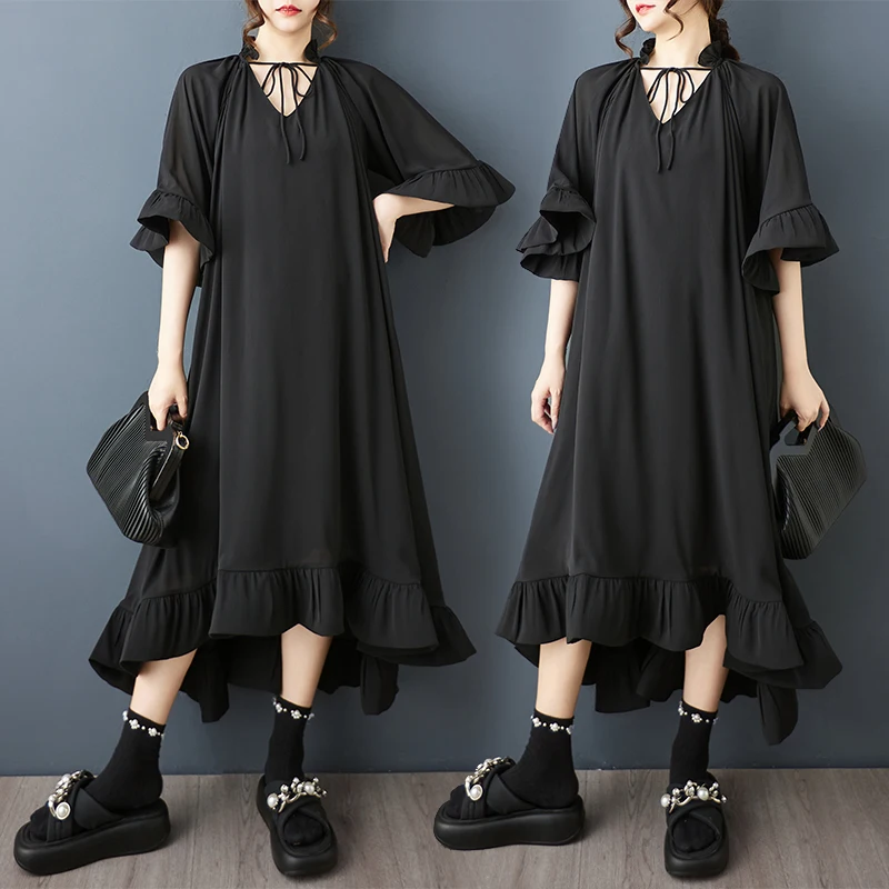 

Новое летнее свободное модное платье-юбка больших размеров с V-образным вырезом и неровным подолом, утягивающее трапециевидное платье миди Dr из полиэфирного волокна