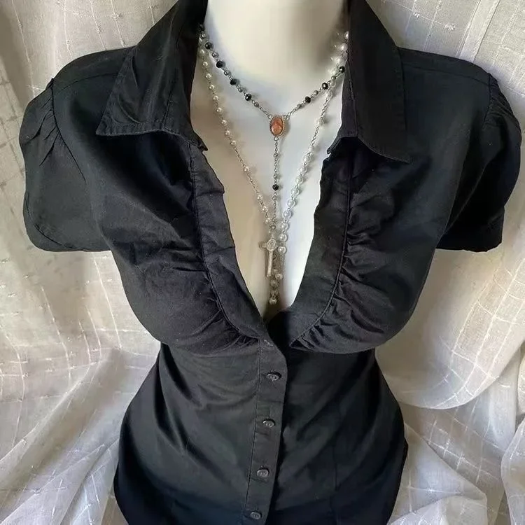 New Gothic Black Blouse Y2K Style Short Sleeve Slim Fit Button Up Shirt Harajuku Punk Grunge Aesthetic E-Girl Streetwear Tops