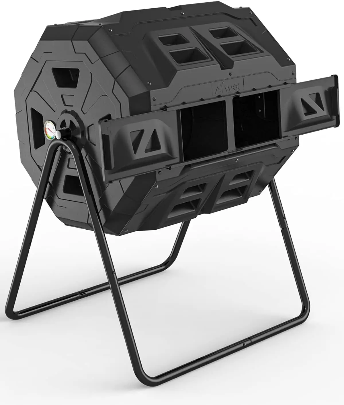 

Dual Chamber Tumbling Composter with Thermometer - 43 Gallon Black Garden Bin for Efficient Composting