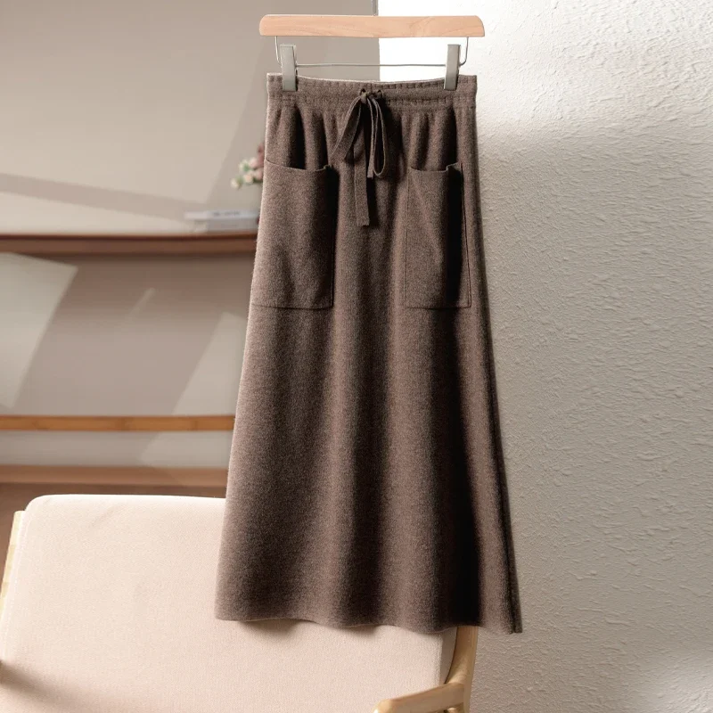 

Pure Wool Midi Skirt For Autumn And Winter, Casual Slimming, Knitted High Waisted, Loose And Fashionable Long Skirt