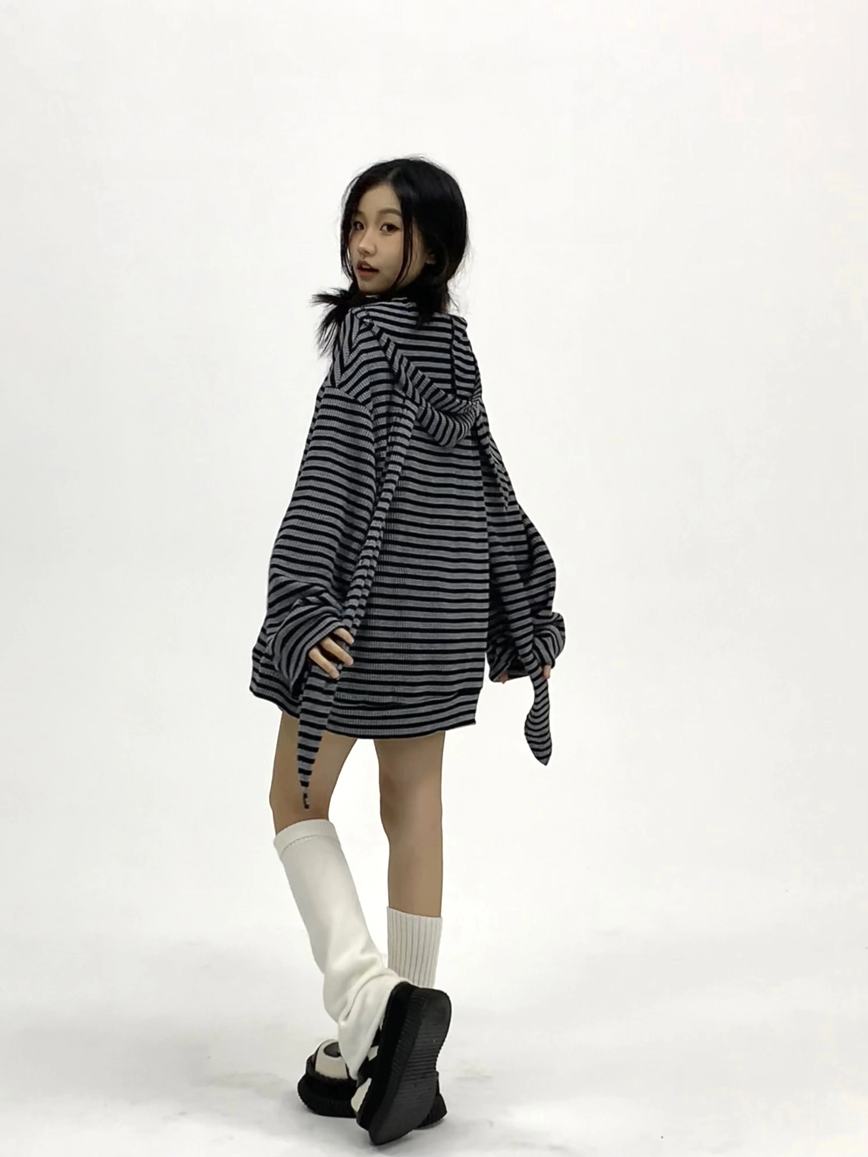 Y2k Subculture Japanese Autumn and Winter Hooded Striped Rabbit Ear Jacket Loose Cartoon Cute Sweet Cool Babe Cardigan Sweater