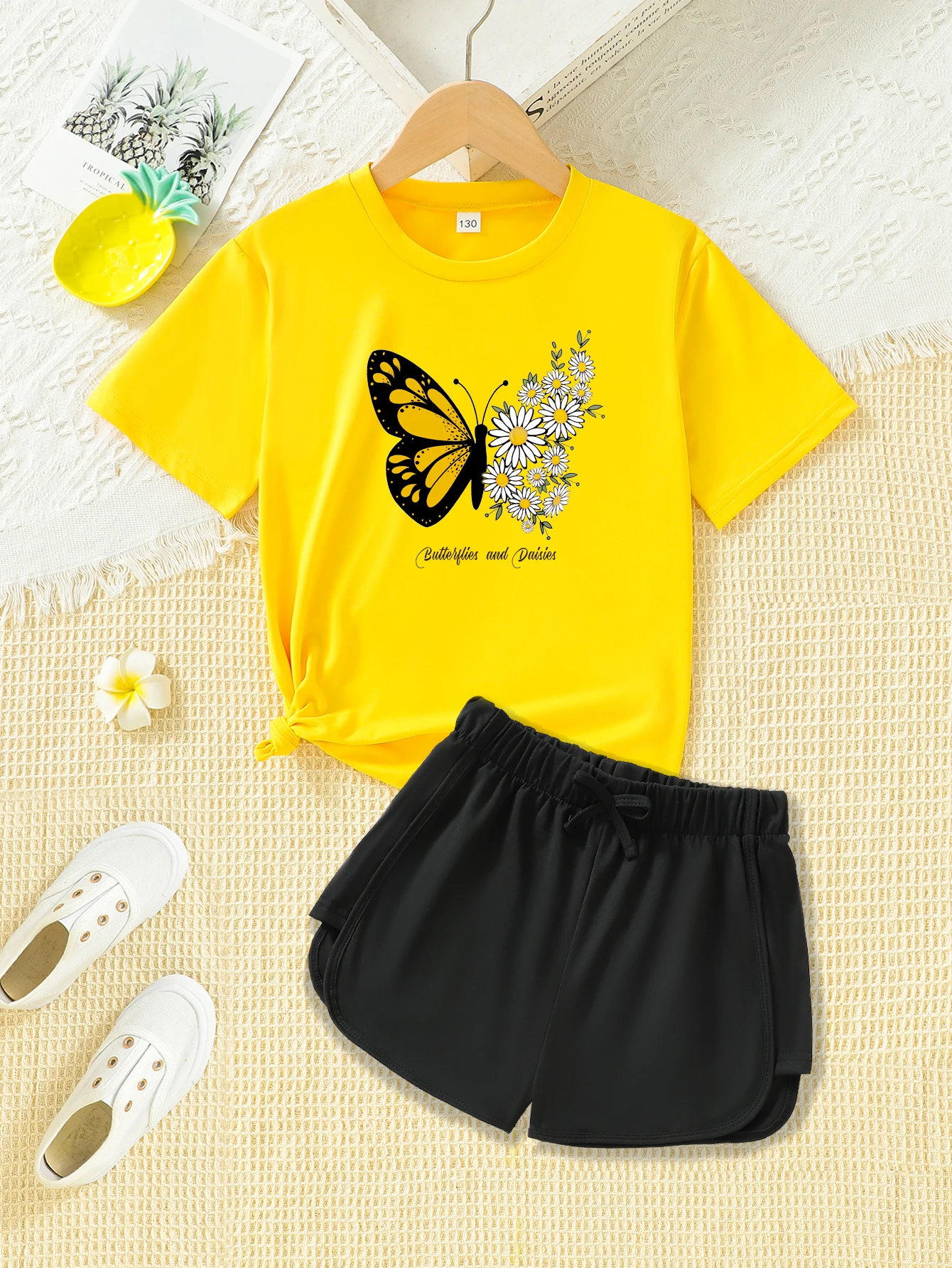 2 Piece Summer Clothing Set for Girls Printed Casual Short Sleeve Shorts Polyester for Comfortable and Soft Clothes For Girls