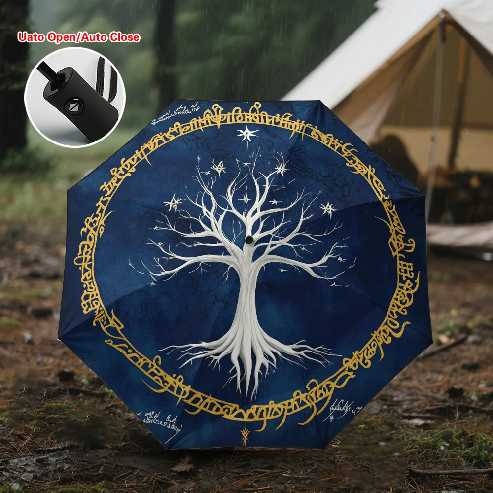 1 paraguas plegable automático con estampado temático del Árbol de Gondor, paraguas con filtro, marco reforzado y engrosado, adecuado para