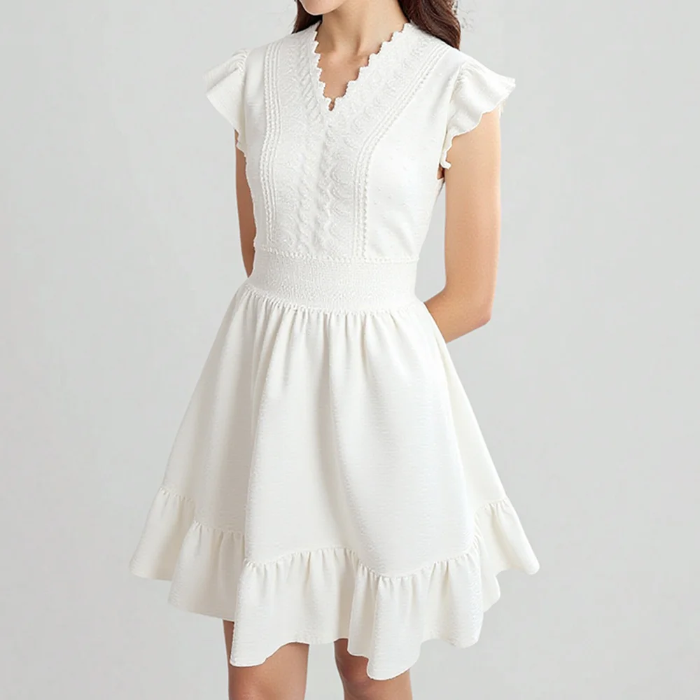 Sukienki Letnie Francuskie Gładkie Żakardowe Krótkie Falbanki na Ramionach Dekolt w Serek Marszczenie Falbana Mini Rozkloszowane Sukienki dla Kobiet