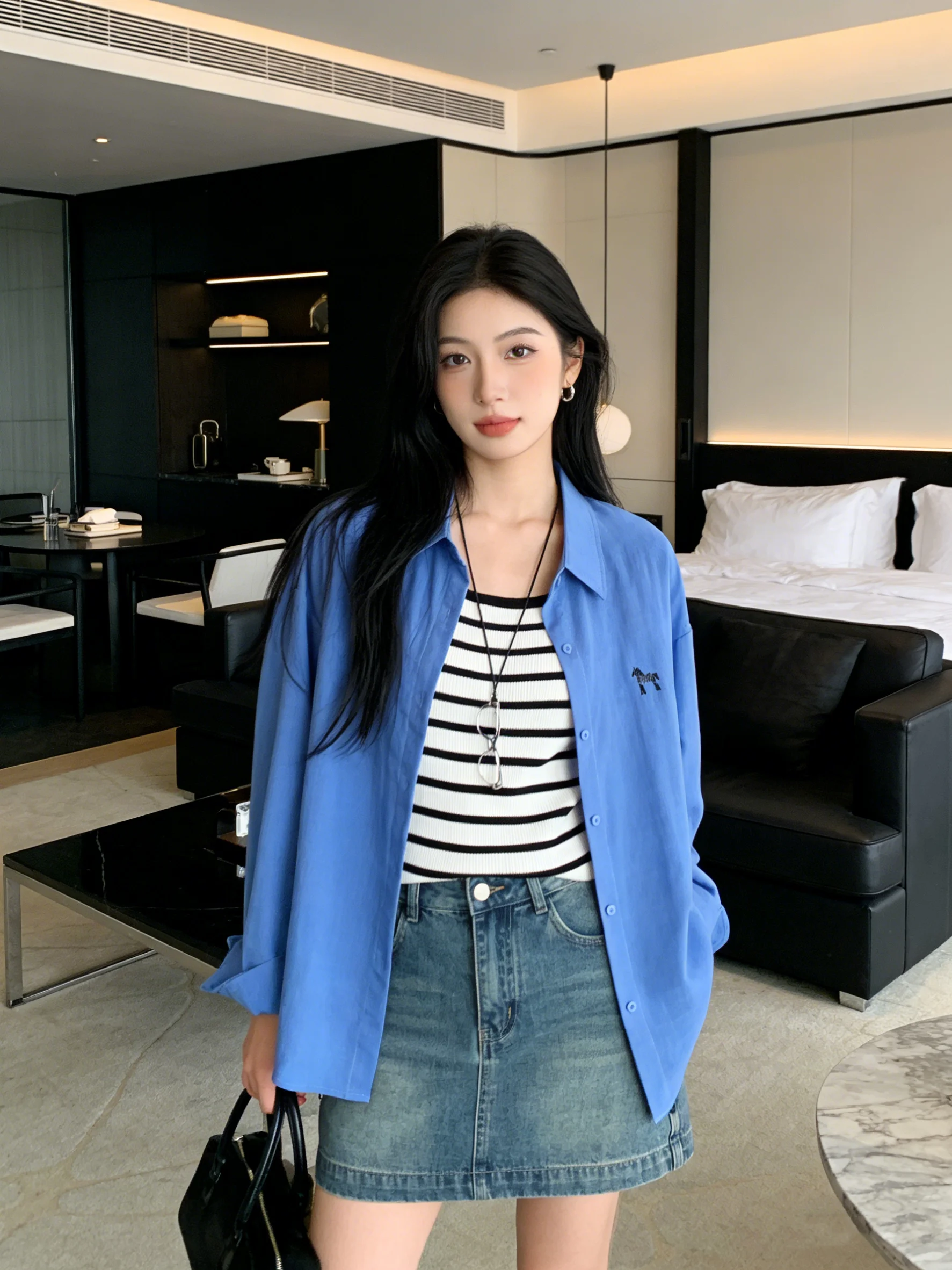 

Korean Style College Wind Blue Sun Protection Shirt Jacket Embroidered Inner Wear Stripe Strap Top Bottom Set Casual Breathable