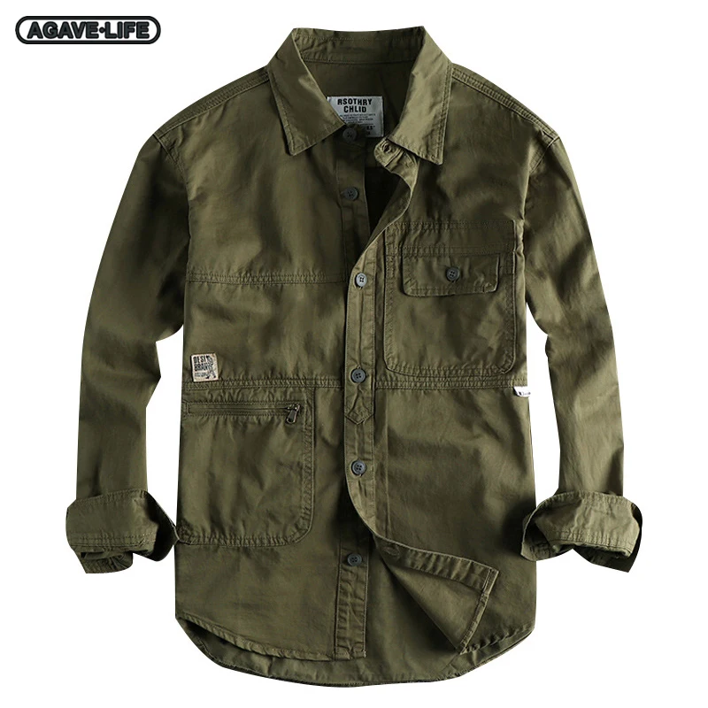 

Military Shirt Men's Army Green Vintage Cargo Washed Shirts Workwear Fashion Men's Long Sleeve Shirt Handsome Casual Loose Tops