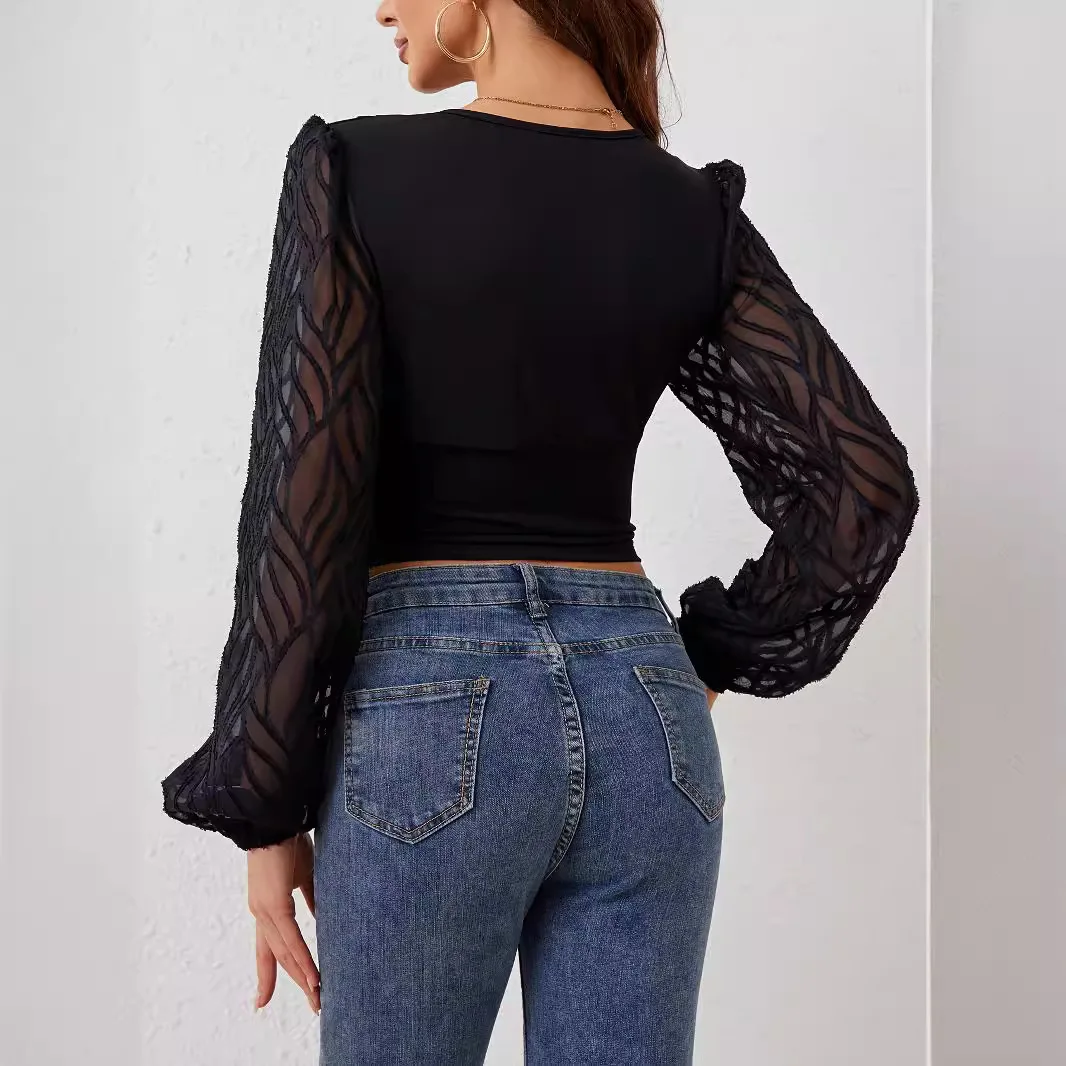 2025년 신상 여성용 반팔 티셔츠 브이넥 랜턴 소매 슬림 블랙 레이스 스플라이싱 버튼 탑 우아한 오피스 티셔츠 여성용