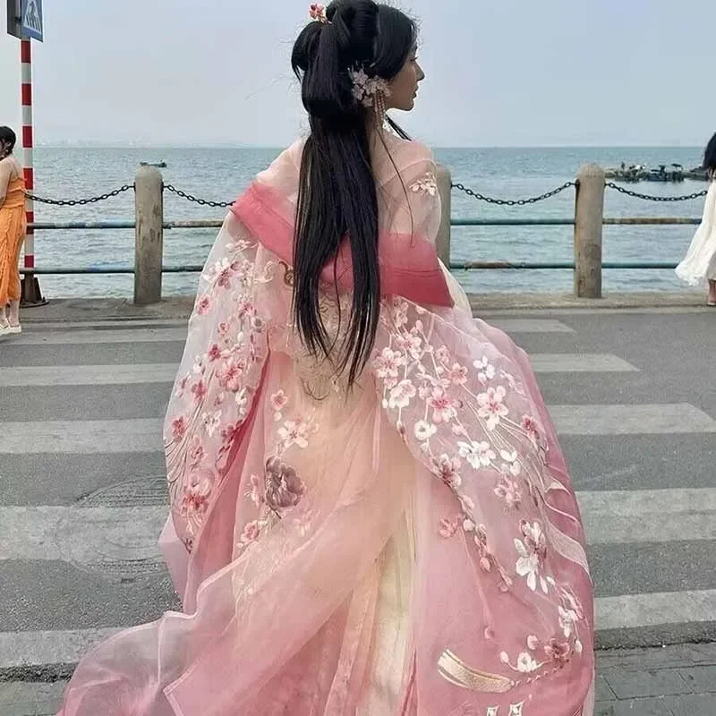 Women Hanfu Dress Ancient Chinese Embroidery Hanfu Jacket Female Halloween Cosplay Costume Hanfu Party Outfit Blue Pink 3pcs Set