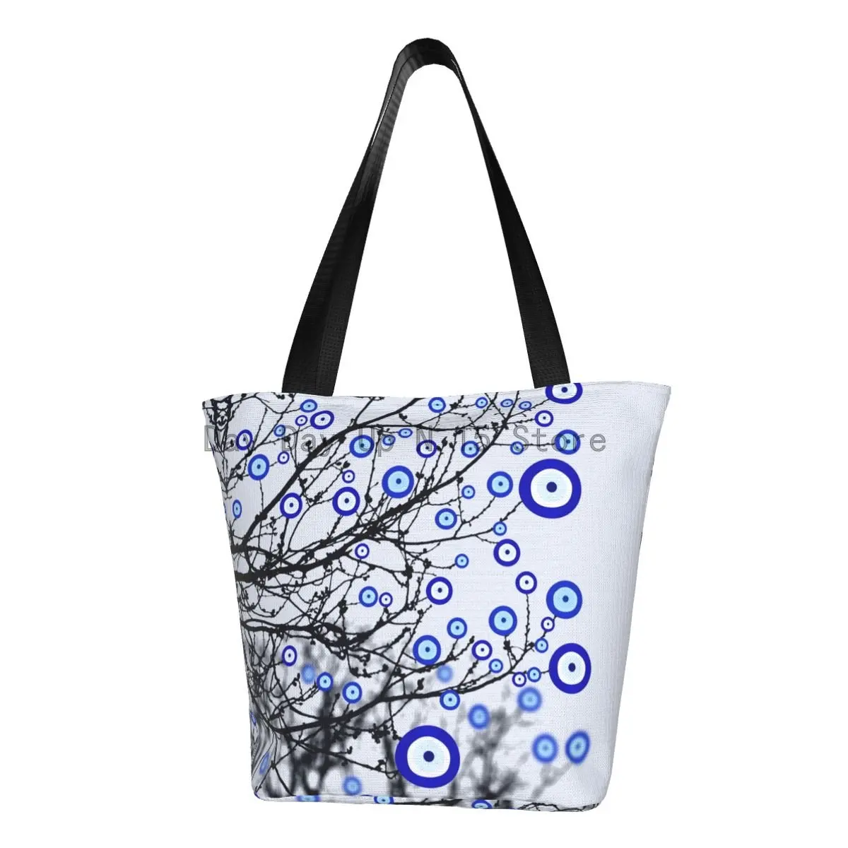 

Turkish Evil Eye Tree Groceries Shopping Bags Print Canvas Shopper Tote Shoulder Bag Large Capacity Mediterranean Amulet Handbag